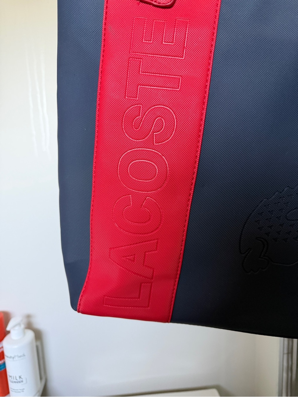 Lacoste Navy Tote with Red Accent Panel and Handles - Picture 4 of 5